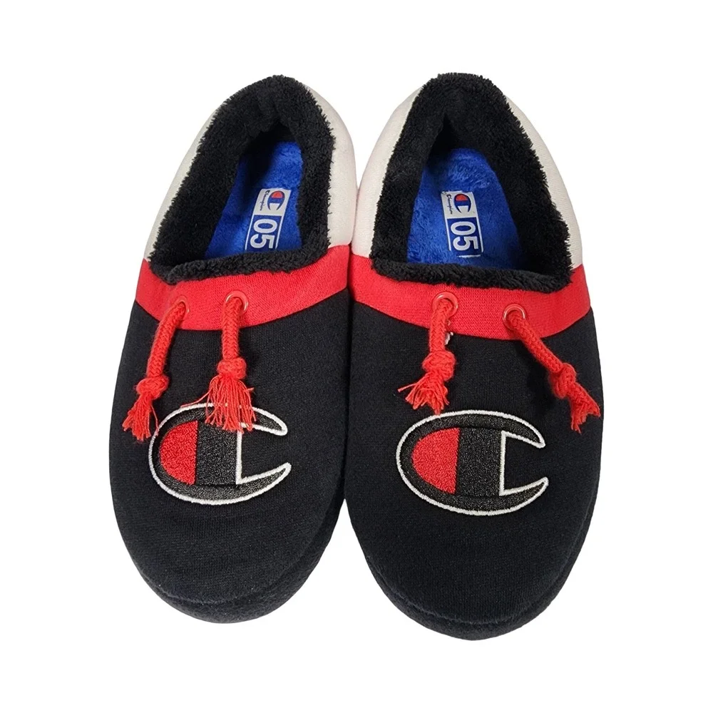 Champion Kids Slippers Youth Size 5Y Black Red White C Logo Cozy Slip On‎